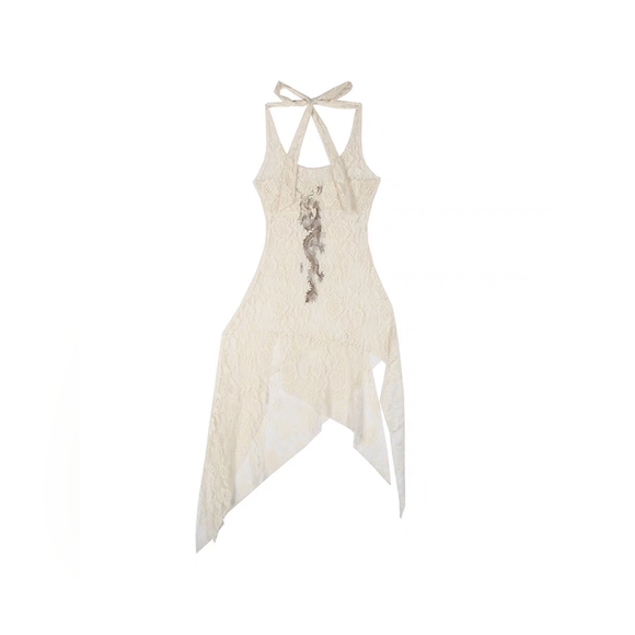 Slim Halter Strap Asymmetrical Hem Stretch Midi Lace Top - Picture 2 of 9